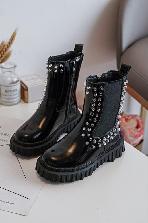 Girls' Shiny Ankle Boots Decorated with Rhinestones Black Adelie