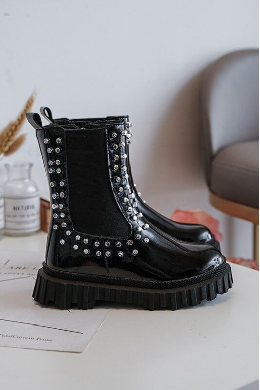 Girls' Shiny Ankle Boots Decorated with Rhinestones Black Adelie