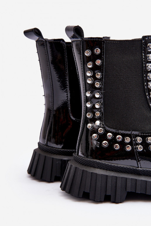 Girls' Shiny Ankle Boots Decorated with Rhinestones Black Adelie