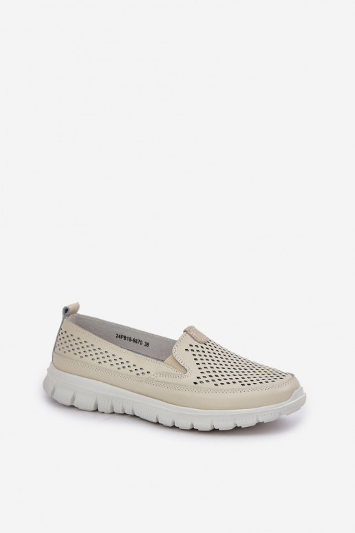 Lightweight Leather Perforated Loafers Women's Platform Beige Tanelora