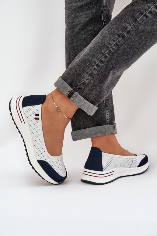 Leather Wedge Ballet Flats White-Navy Nelviera