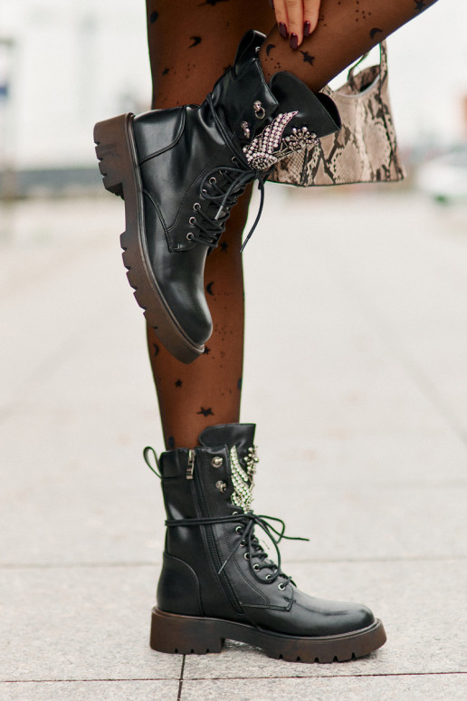 Eko Skórzane Botki Workery Ze Zdobieniem Ocieplane D&A MR880-080 Czarne