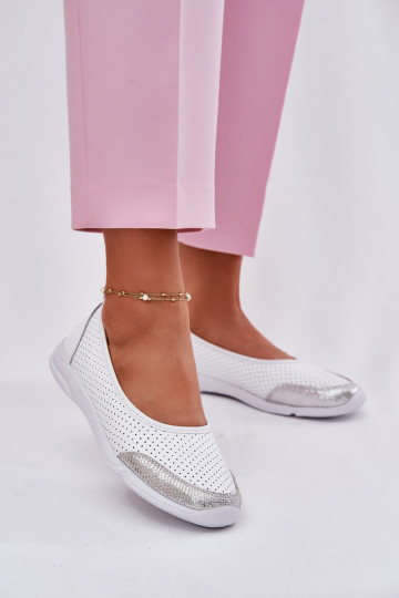 Leather Women's Perforated Ballet Flats White Lucy