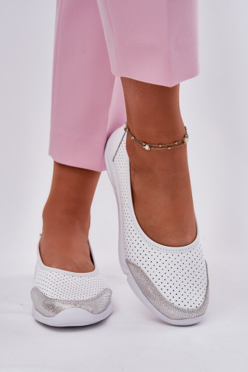 Leather Women's Perforated Ballet Flats White Lucy 2