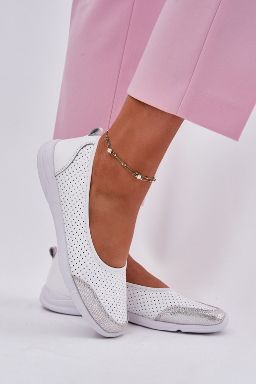 Leather Women's Perforated Ballet Flats White Lucy
