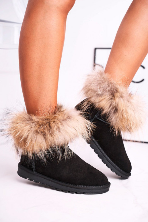 Women's Leather Snow Boots With Eko Fur Black Alexa