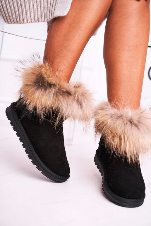 Women's Leather Snow Boots With Eko Fur Black Alexa
