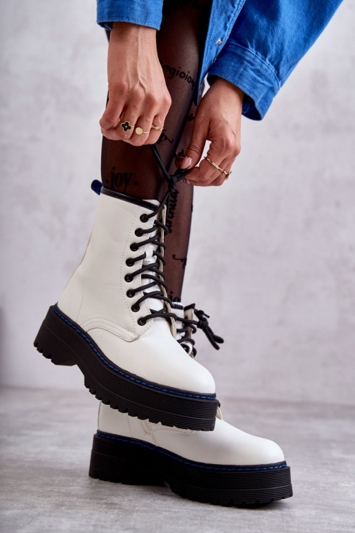 Damskie Wiązane Botki Glany Białe Callie