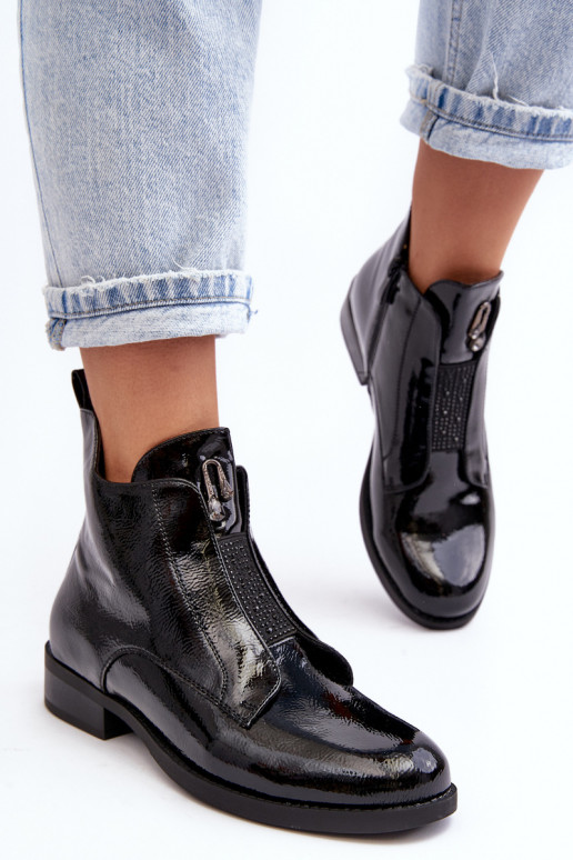 Lakierowane Botki Damskie Na Płaskim Obcasie Ocieplane Czarne S.Barski HY75-120 Czarne