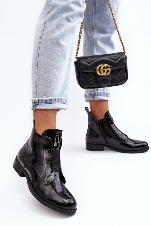 Lakierowane Botki Damskie Na Płaskim Obcasie Ocieplane Czarne S.Barski HY75-120 Czarne