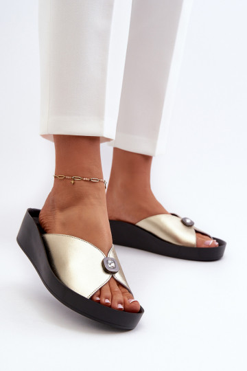 Skórzane Klapki DamskiewithOzdobą Złote S.Barski KV27-027