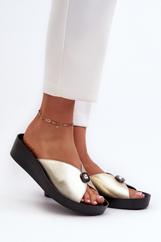 Skórzane Klapki DamskiewithOzdobą Złote S.Barski KV27-027