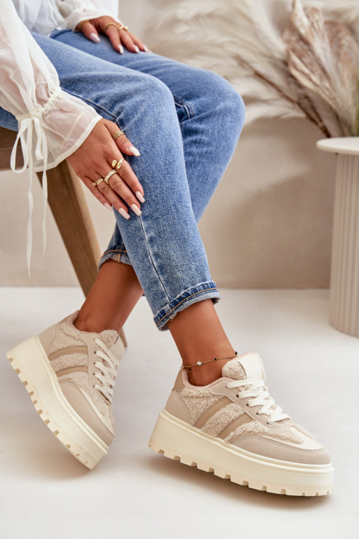 Ocieplane Sneakersy Damskie Na PlatformiewithKożuchem Beżowe Daivlene