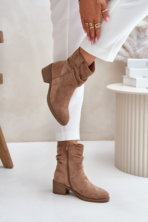 Warm Women's Boots With Gathered Shaft On Low Heel Beige Zinanya