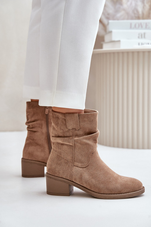 Warm Women's Boots With Gathered Shaft On Low Heel Beige Zinanya