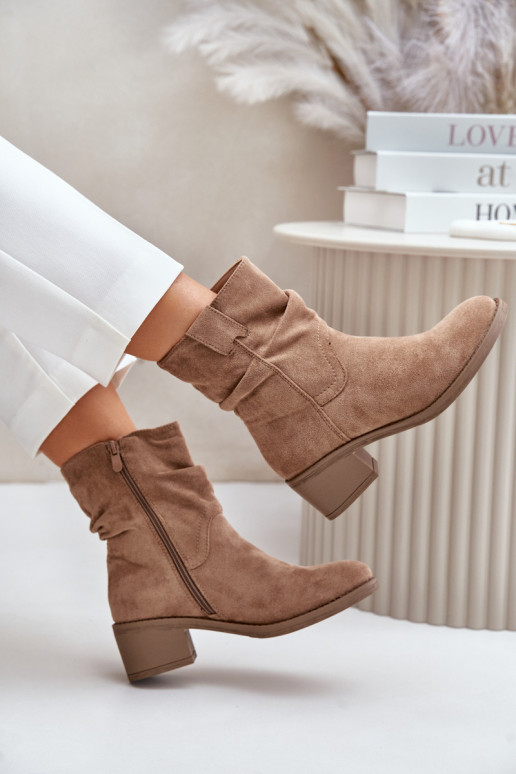 Warm Women's Boots With Gathered Shaft On Low Heel Beige Zinanya