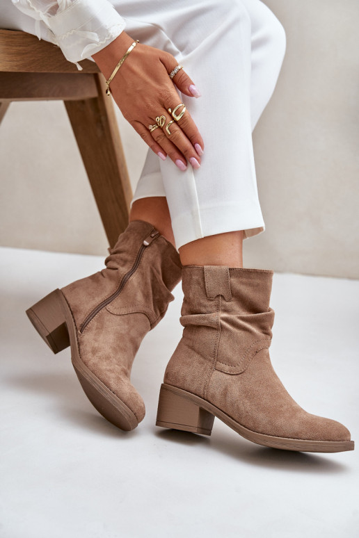 Warm Women's Boots With Gathered Shaft On Low Heel Beige Zinanya