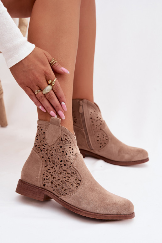 Women's Perforated Ankle Boots With Flat Heel S.Barski HY61-8026 Beige