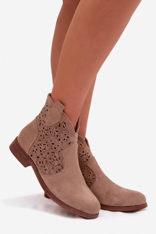 Women's Perforated Ankle Boots With Flat Heel S.Barski HY61-8026 Beige