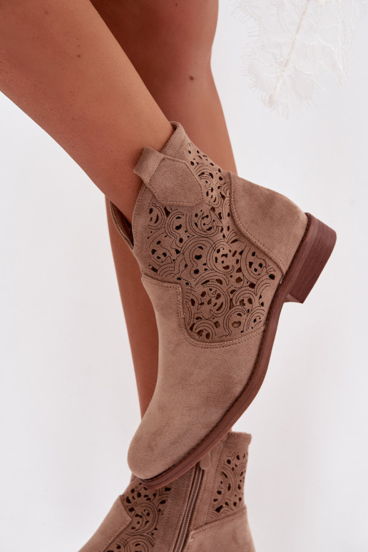 Women's Perforated Ankle Boots With Flat Heel S.Barski HY61-8026 Beige