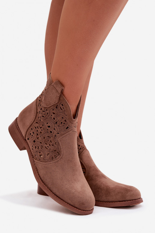 Women's Perforated Ankle Boots With Flat Heel S.Barski HY61-8026 Brown