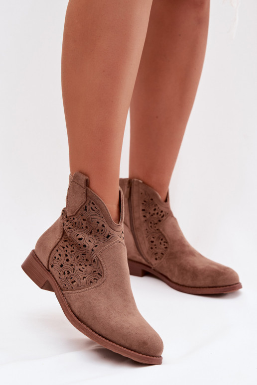 Women's Perforated Ankle Boots With Flat Heel S.Barski HY61-8026 Brown