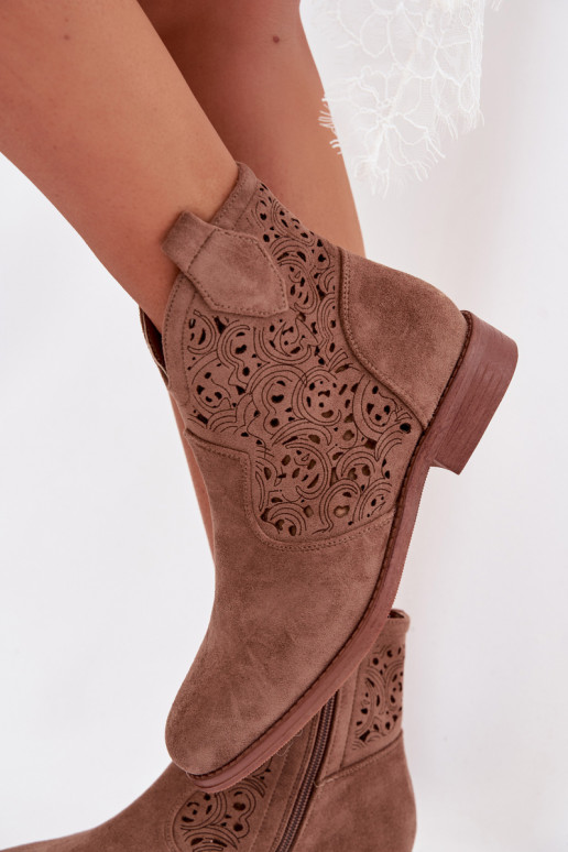 Women's Perforated Ankle Boots With Flat Heel S.Barski HY61-8026 Brown