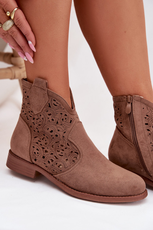 Women's Perforated Ankle Boots With Flat Heel S.Barski HY61-8026 Brown