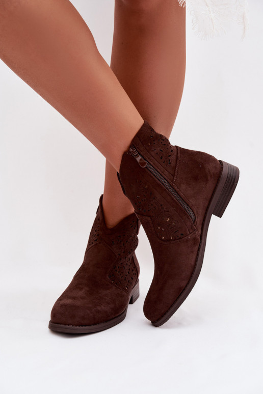Women's Openwork Ankle Boots With Flat Heel S.Barski HY61-8026 Chocolate