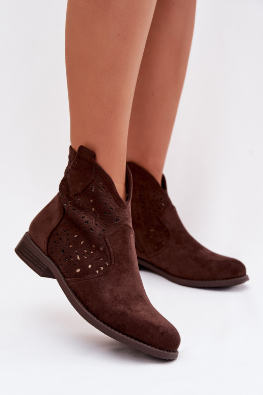 Women's Openwork Ankle Boots With Flat Heel S.Barski HY61-8026 Chocolate