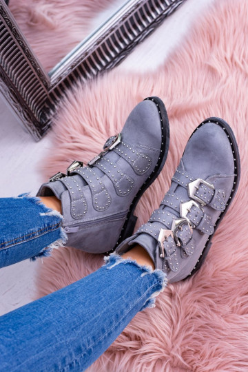 Lu Boo Dark Grey Virginia Rock Star Boots Rivet Buckles Suede 2