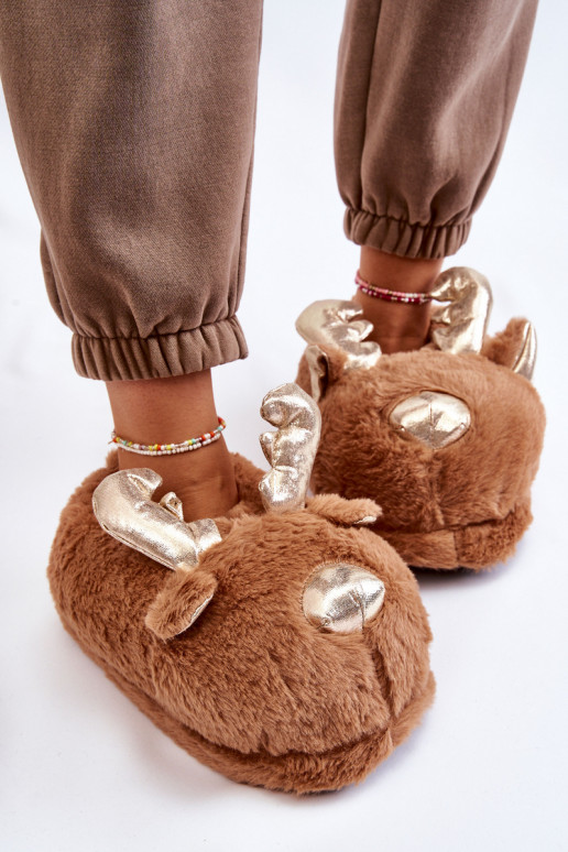 Damskie Futrzane Wsuwane Papcie Renifery Brązowe Comet