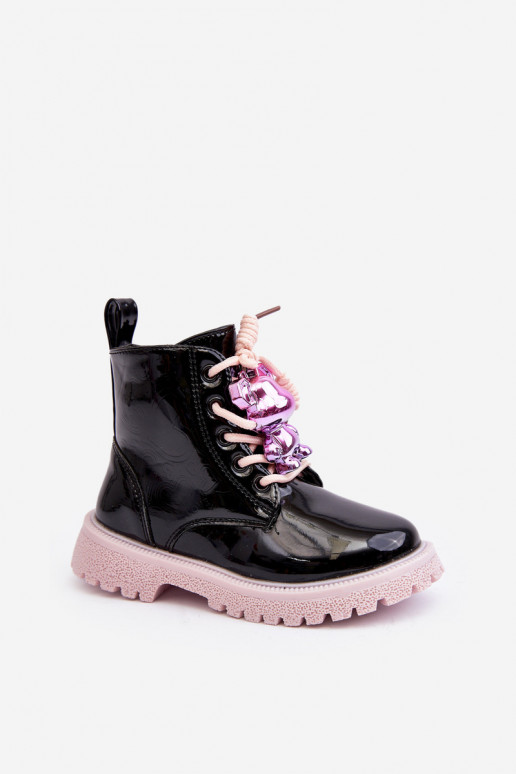 Kids' Glossy Lined Boots with Black-Pink Decoration Bunnyjoy