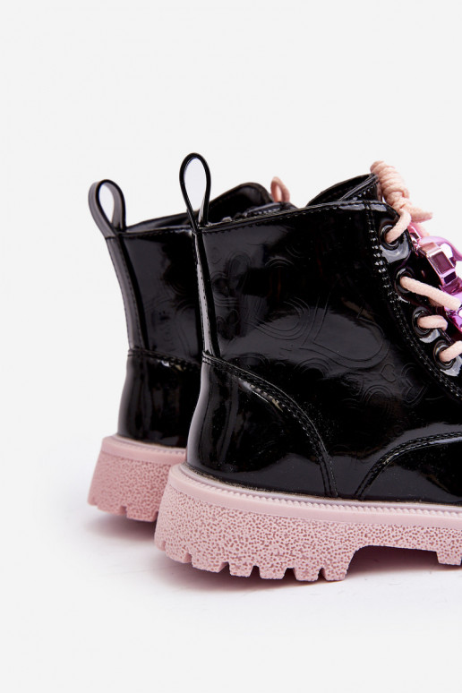Kids' Glossy Lined Boots with Black-Pink Decoration Bunnyjoy