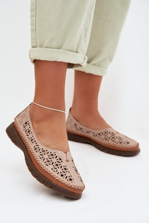 Ażurowe Baleriny DamskiewithNaturalnej Skóry Sergio Leone SP-006 Różowe