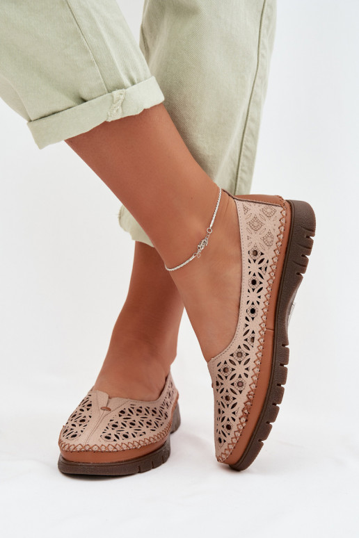 Ażurowe Baleriny DamskiewithNaturalnej Skóry Sergio Leone SP-006 Różowe