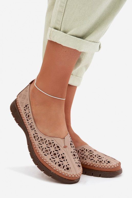 Ażurowe Baleriny DamskiewithNaturalnej Skóry Sergio Leone SP-006 Różowe