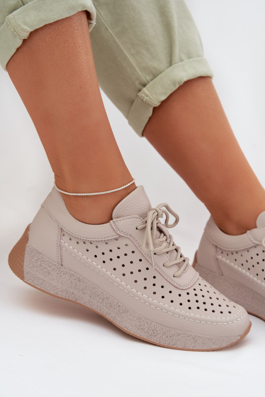 Skórzane Półbuty Sneakersy Damskie Ażurowe Sergio Leone SP-013 Szare