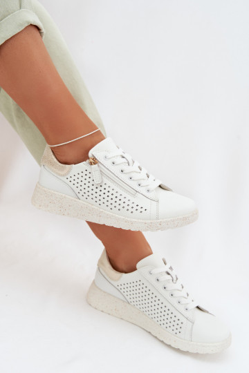 Leather Women's Sneakers With Zipper White-Gold Kalorinne