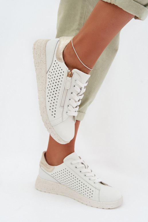 Leather Women's Sneakers With Zipper White-Gold Kalorinne