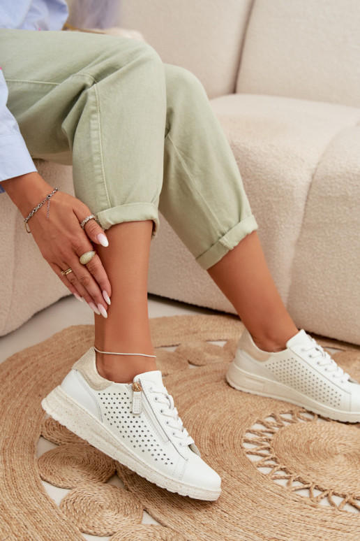 Leather Women's Sneakers With Zipper White-Gold Kalorinne