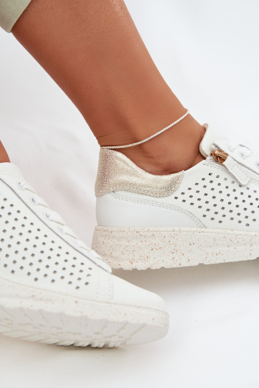 Leather Women's Sneakers With Zipper White-Gold Kalorinne