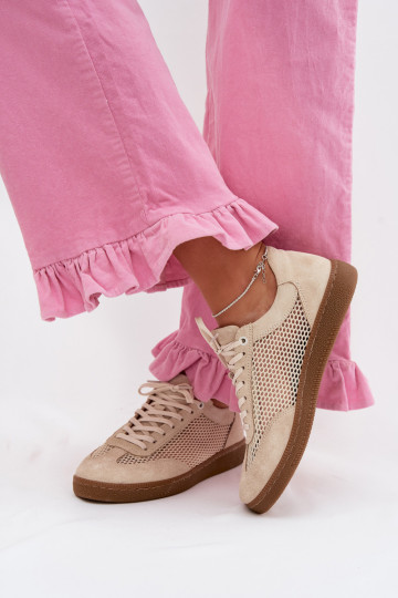 Skórzane Zamszowe Sneakersy DamskiewithSiateczką Zazoo N1142 Beżowe