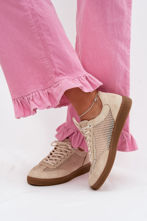 Leather Suede Women's Sneakers With Mesh Zazoo N1142 Beige