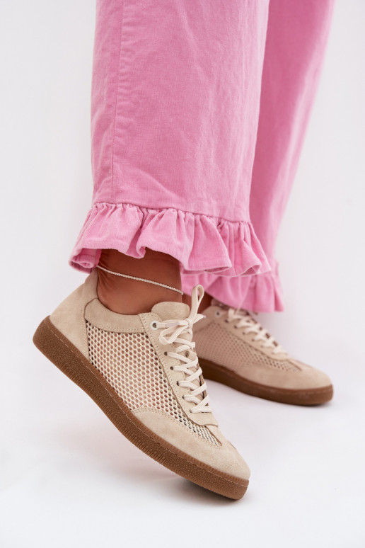 Leather Suede Women's Sneakers With Mesh Zazoo N1142 Beige