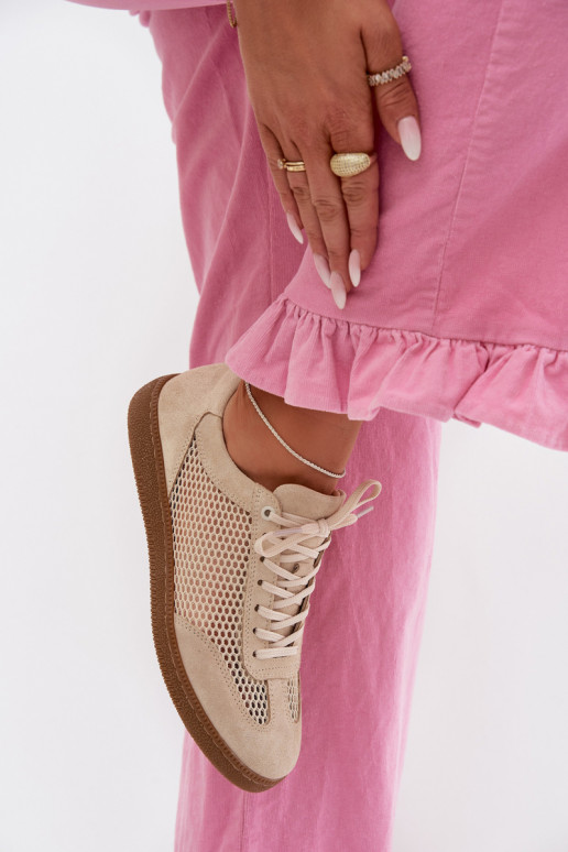 Skórzane Zamszowe Sneakersy DamskiewithSiateczką Zazoo N1142 Beżowe