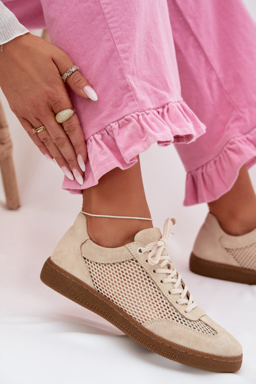 Leather Suede Women's Sneakers With Mesh Zazoo N1142 Beige