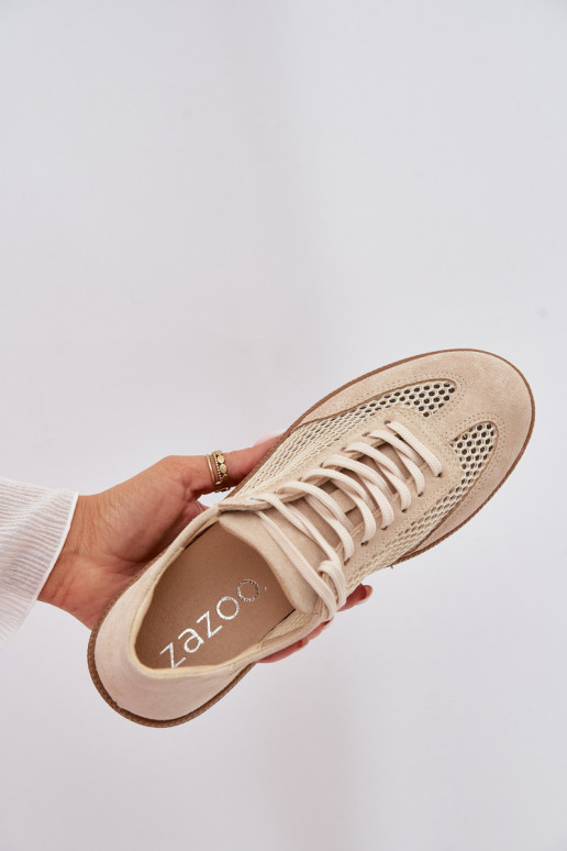 Skórzane Zamszowe Sneakersy DamskiewithSiateczką Zazoo N1142 Beżowe