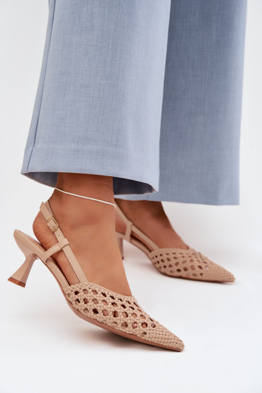 Women's Beige Woven Heeled Sandals Selinae
