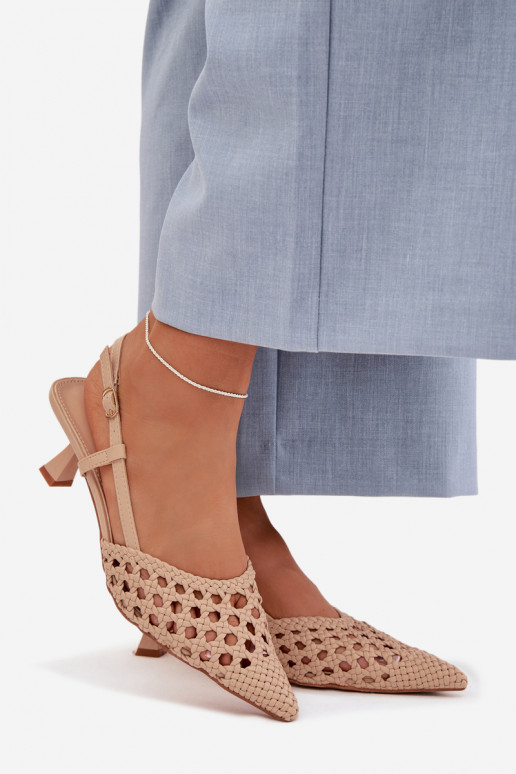 Women's Beige Woven Heeled Sandals Selinae